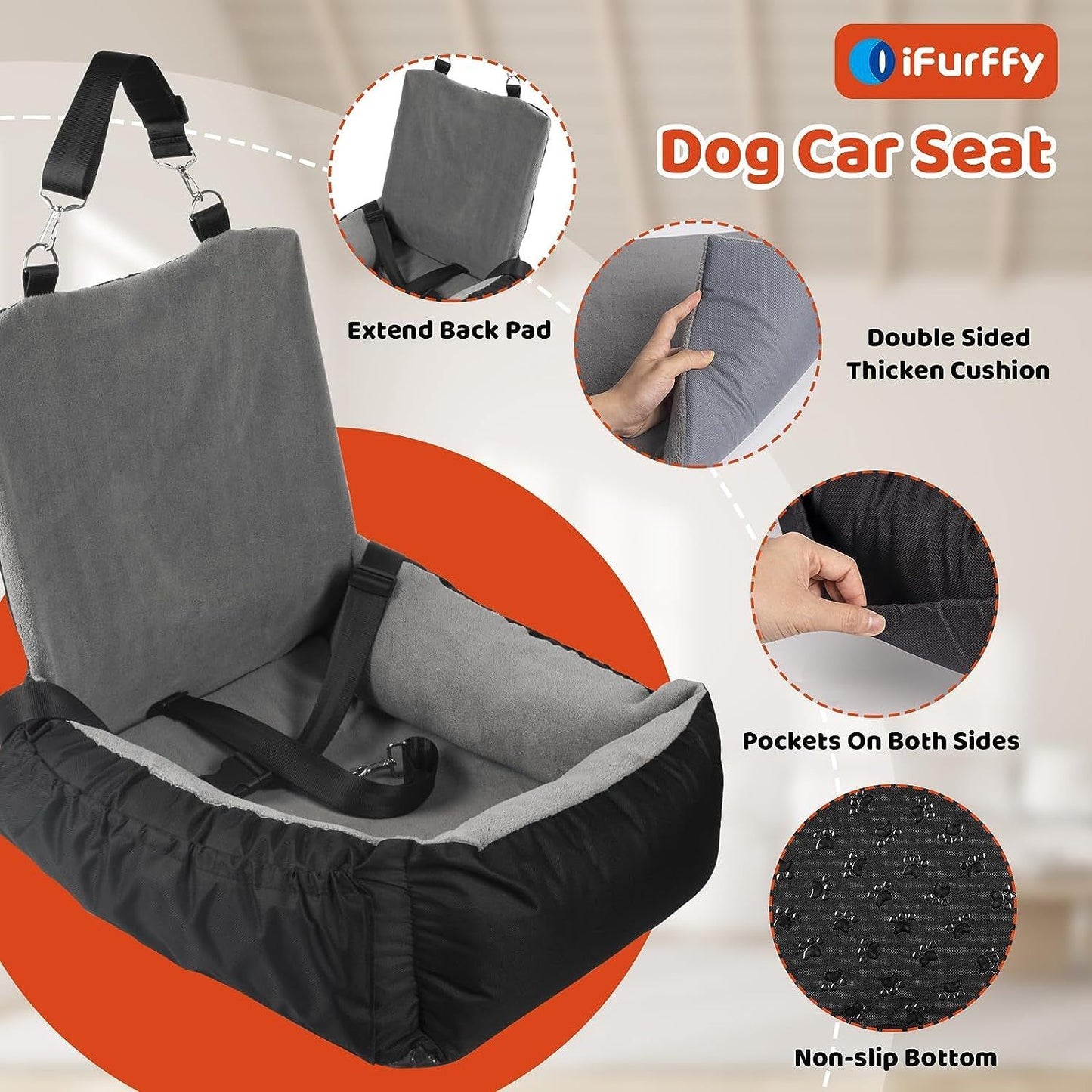 IFurffy Dog Car Seat, Pet Car Seat With Storage Pockets And Clip-On Safety Leash, Washable Coral Fleece Dog Booster Seat For Small Medium Dogs, Small Dog Car Seat For Travel Dog Car Bed ,Grey