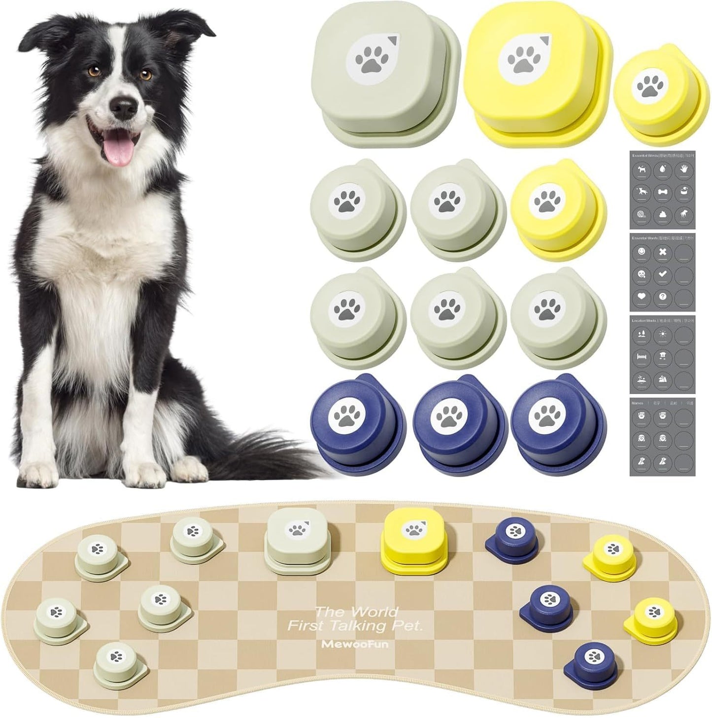 MEWOOFUN Dog Talking Buttons - 12-Pack Rechargeable Voice Recording Buttons With Mat, Communication Starter Kit For Dogs & Cats, Easy-to-Use Pet Sound Buttons