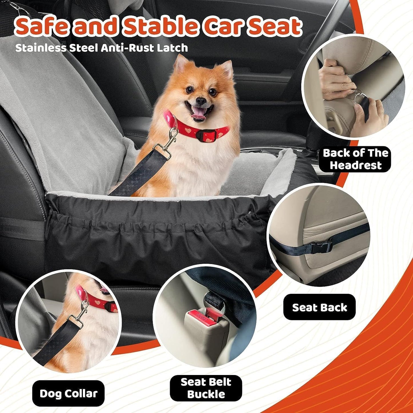 IFurffy Dog Car Seat, Pet Car Seat With Storage Pockets And Clip-On Safety Leash, Washable Coral Fleece Dog Booster Seat For Small Medium Dogs, Small Dog Car Seat For Travel Dog Car Bed ,Grey